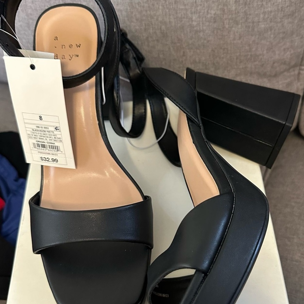 A New Day Black Heels with Ankle Strap and Wedge Heel